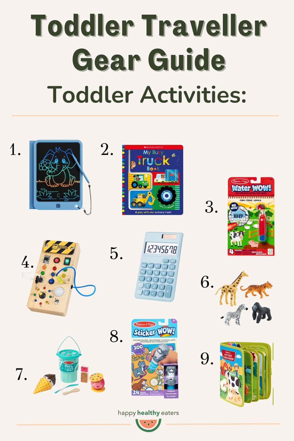 A collage of recommended toddler travel activities by Registered Dietitians.