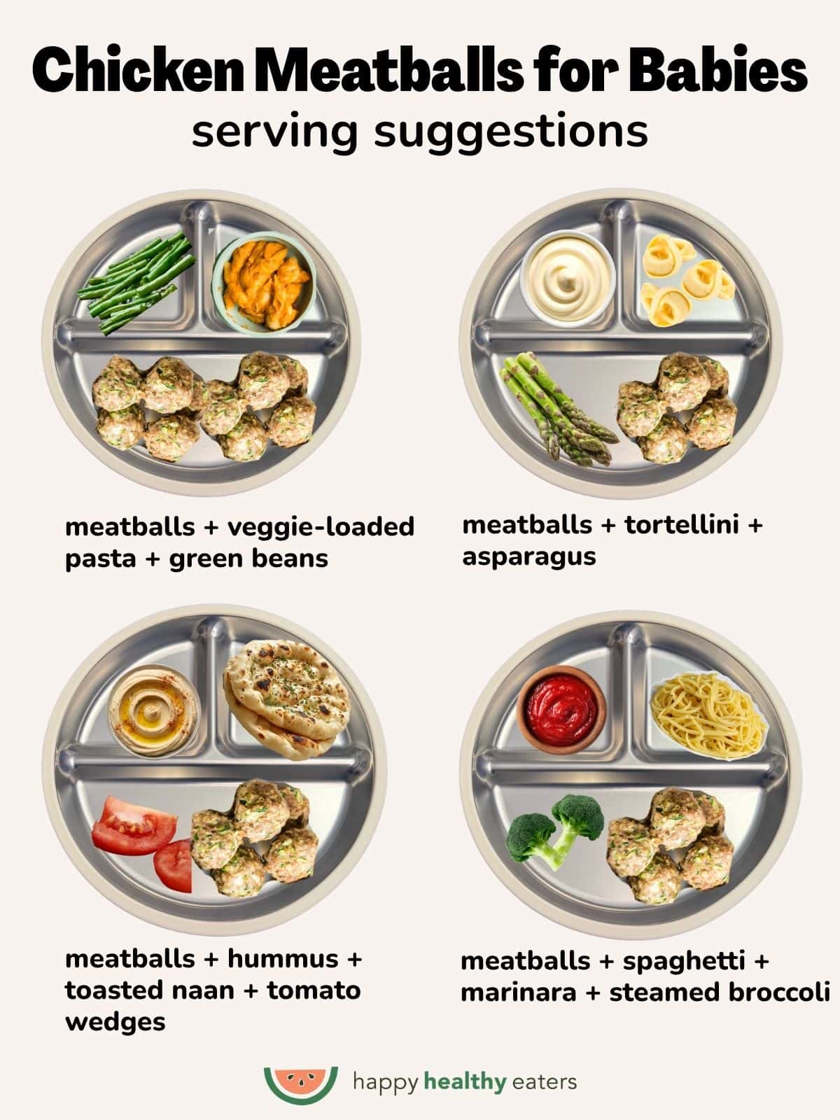 Four different serving suggestions to make chicken meatballs for babies a more balanced meal. 