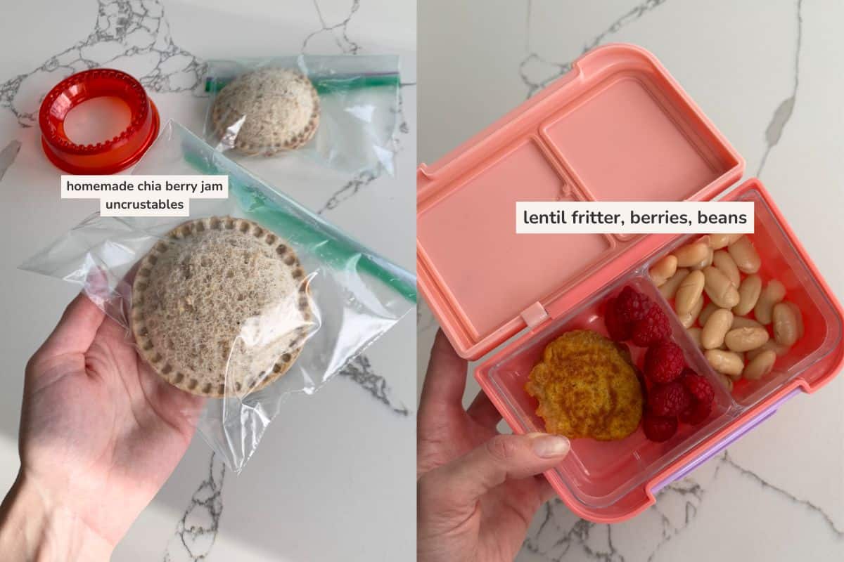 image of a round chia berry jam sandwich and a little snack box filled with lentil fritter, raspberries and white beans. 