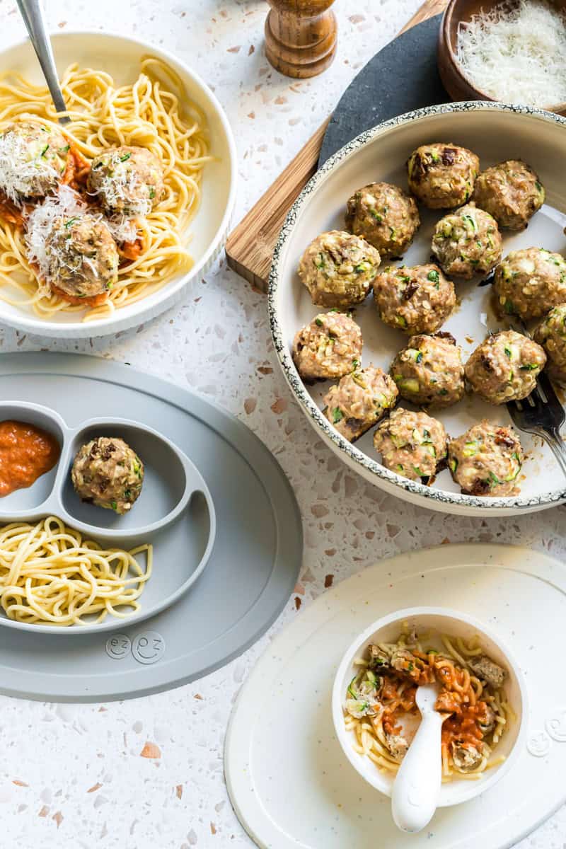 An image of how to serve chicken meatballs to babies at a variety of ages and states.