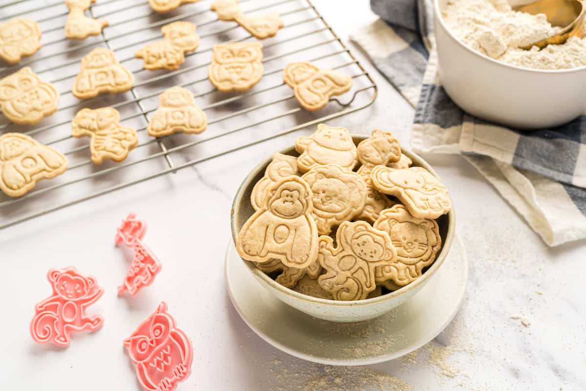 Homemade animal crackers for toddlers arranged in a bowl 