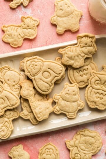 Homemade animal oat crackers arranged on a plate