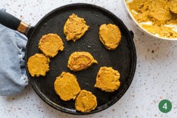 What the sweet potato and lentil fritters for babies should look like after being cooked on a griddle or frying pan. 