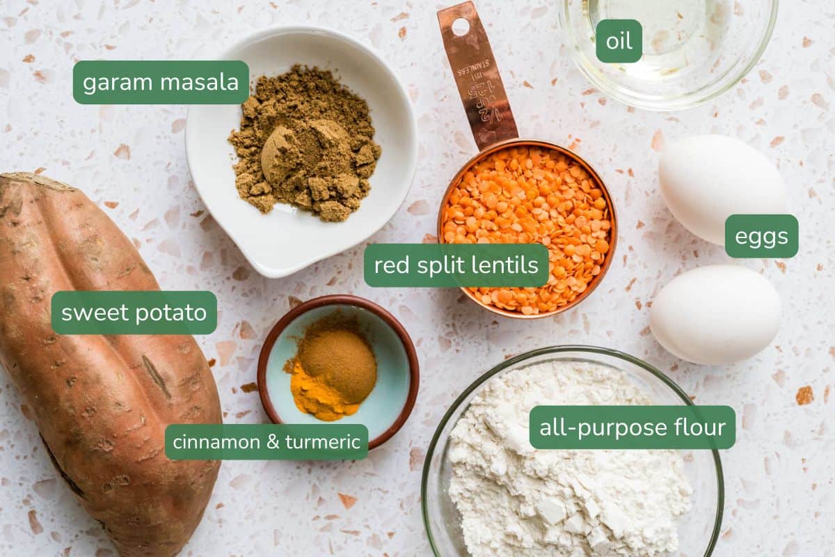 Ingredients for baby led weaning spiced sweet potato fritters (with lentils)