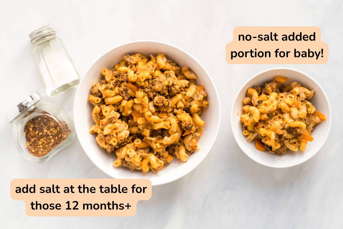 Baby plate (no salt added) vs parent plate for hamburger helper recipe. 