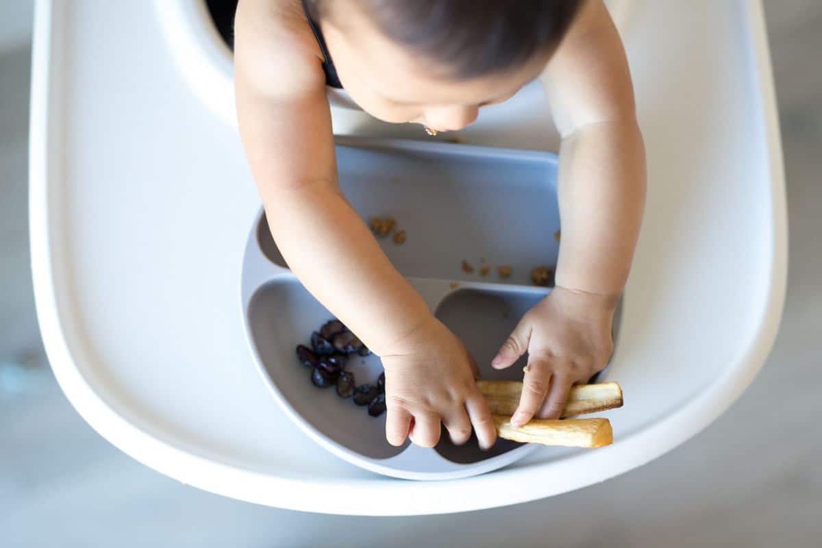 Birds eye view of baby sitting in a highchair with a plate in front of him. In the plate is blueberries and turnips in a BLW fashion.