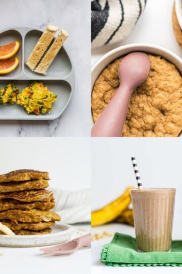 A collage of four baby led weaning breakfast ideas: Indian scrambled eggs, mug cake, pancakes, and a smoothie.