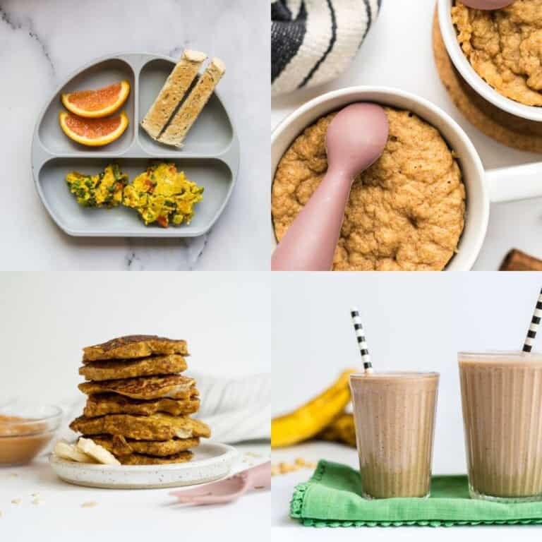 A collage of four baby led weaning breakfast ideas: Indian scrambled eggs, mug cake, pancakes, and a smoothie.