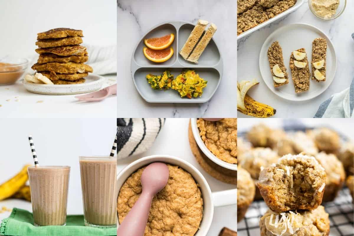 A collage of six baby led weaning breakfast ideas: Indian scrambled eggs, mug cake, pancakes, oatmeal fingers, banana coconut muffin, and a chocolate smoothie.