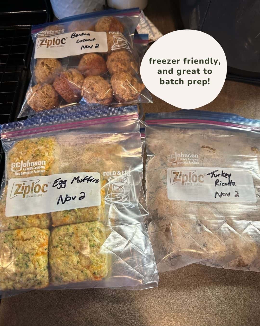 Foods that are being prepped to freeze including coconut muffins, fluffy cheddar egg muffins and meatballs from www.happyhealthyeaters.com
