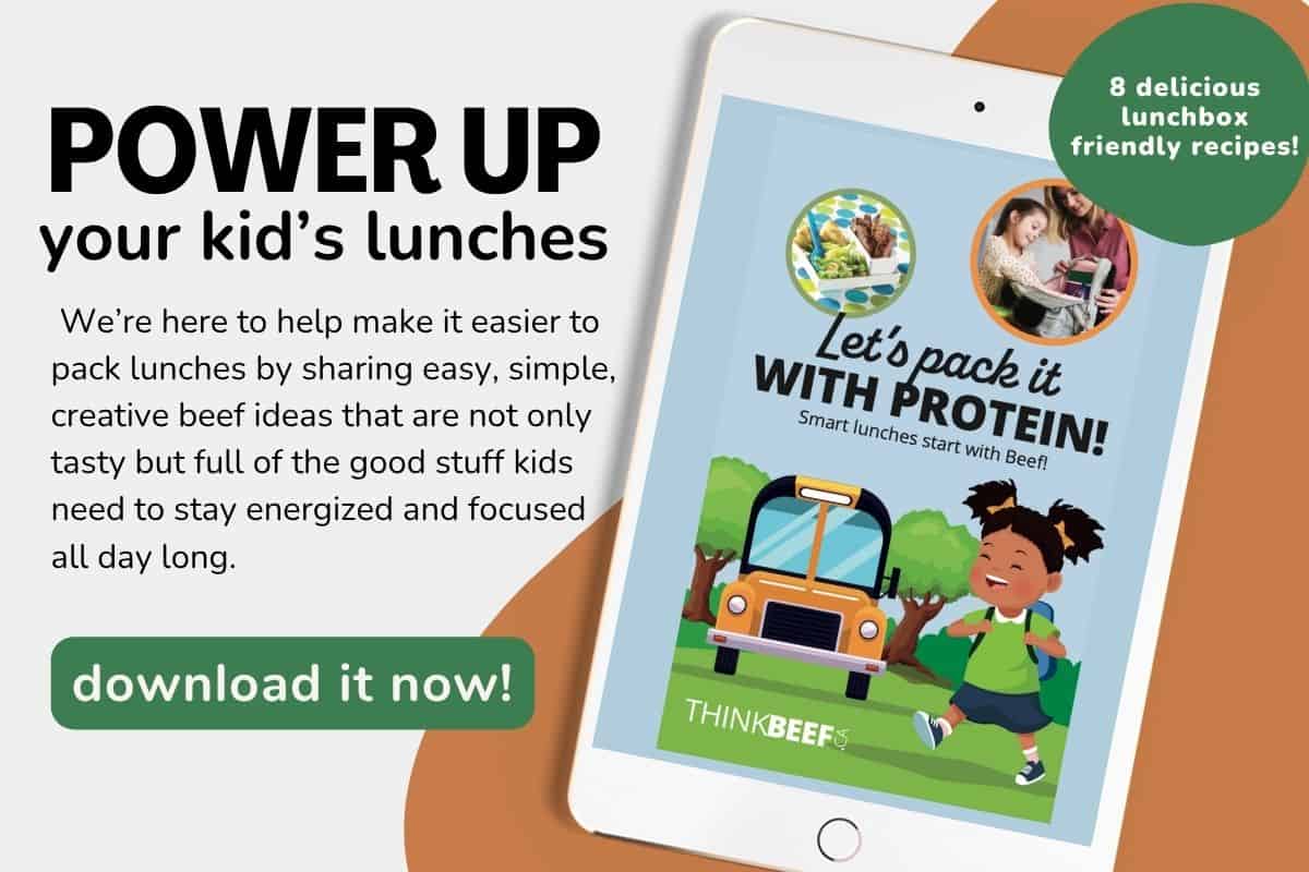 Advertisement to download free guide from ThinkBeef.ca called Pack it With Protein.