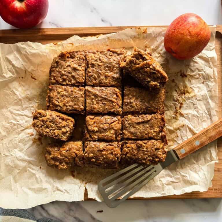 Healthy applesauce cake cut into 12 slices.