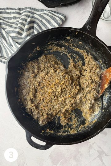 Mennonite meat bun filling in a skillet that is complete with a thick texture.