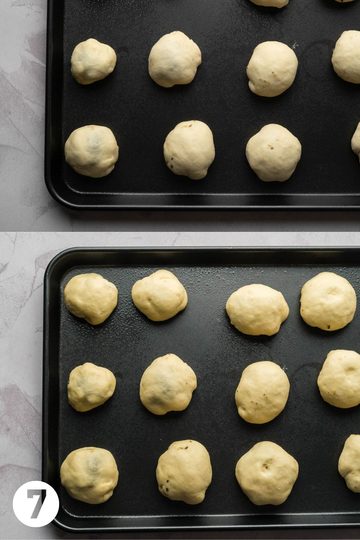 Uncooked and filled mennonite meatbuns arranged on a baking sheet - the top image is before the rest period and the bottom image is after the buns have had time to rest and rise more before being baked.