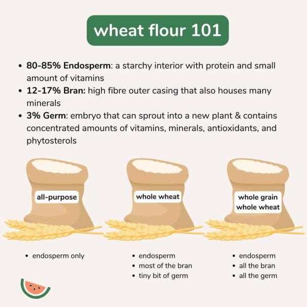 an infographic explaining the difference between white (all purpose) flour, whole wheat flour, and whole grain flour.